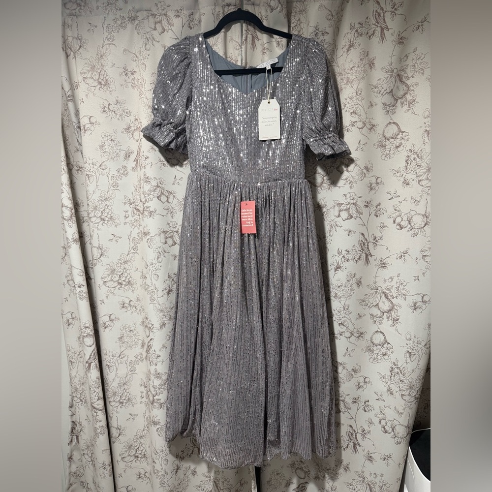 Ivy City Co Silver Sequin Midi Dress